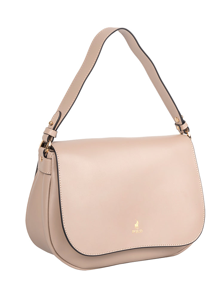 Polo Box Calf Flapover Shoulder Bag - Beige