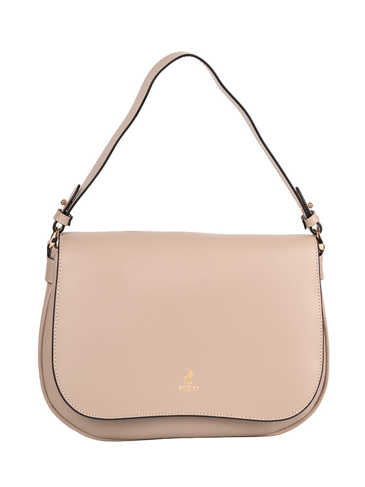 Polo Box Calf Flapover Shoulder Bag - Beige