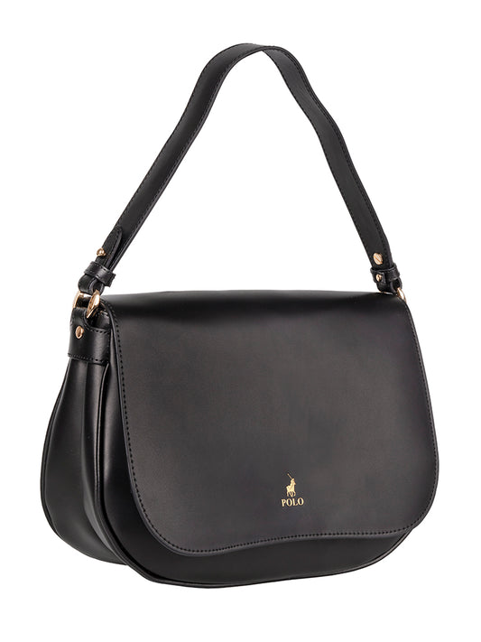 Polo Box Calf Flapover Shoulder Bag - Black