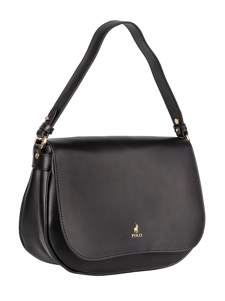 Polo Box Calf Flapover Shoulder Bag - Black