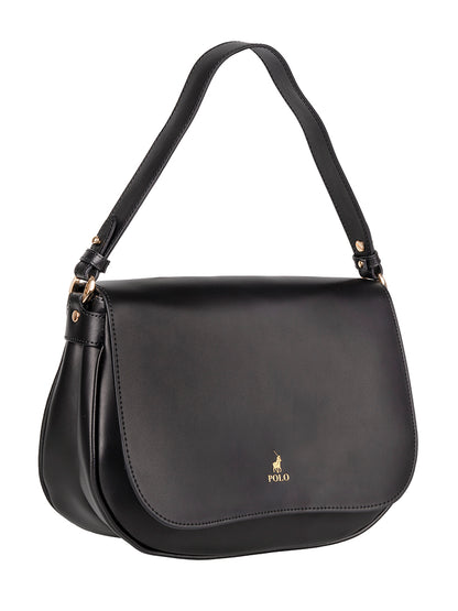 Polo Box Calf Flapover Shoulder Bag - Black