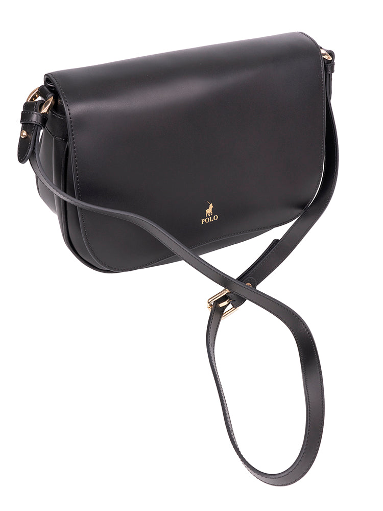 Polo Box Calf Flapover Shoulder Bag - Black