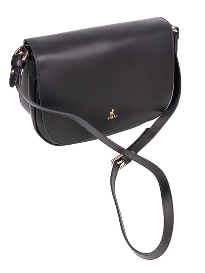 Polo Box Calf Flapover Shoulder Bag - Black